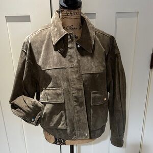 Women’s Olive Suede Bomber Jacket - Classic Casual Coat